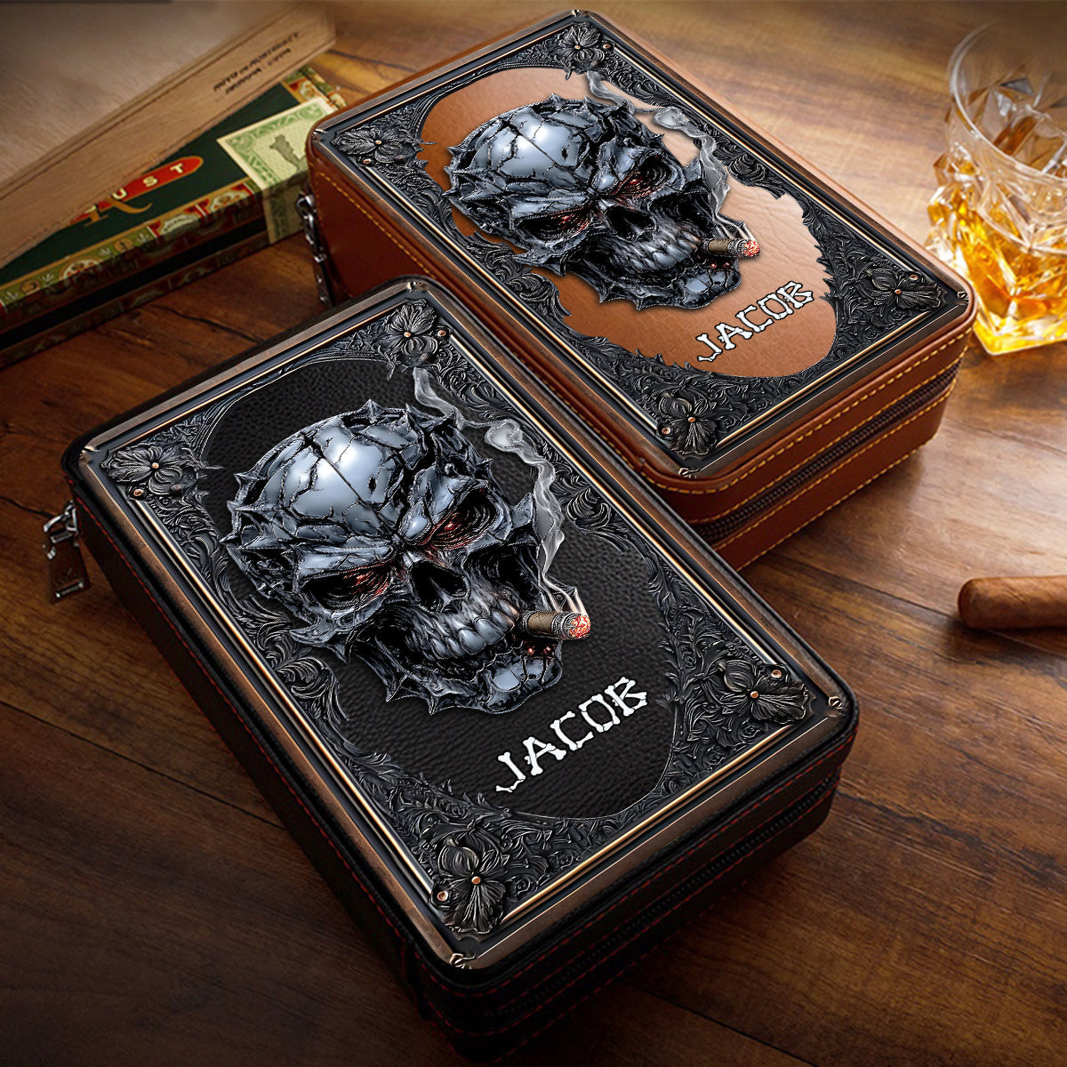 Smoking Skull - Personalized Skull Travel Cigar Humidor Case