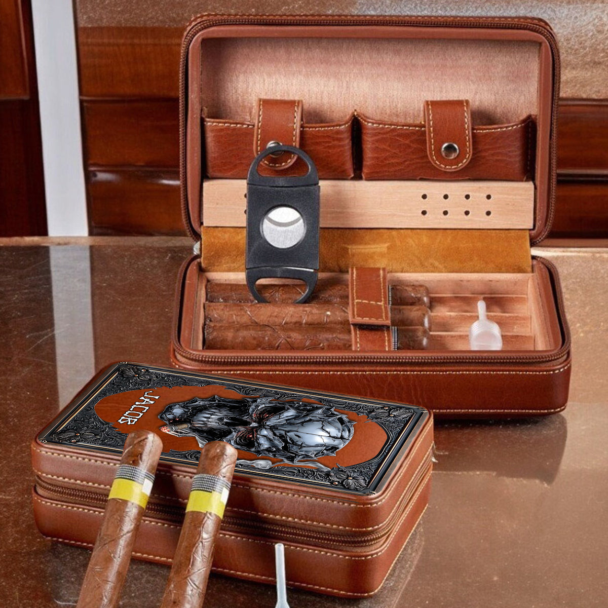 Smoking Skull - Personalized Skull Travel Cigar Humidor Case