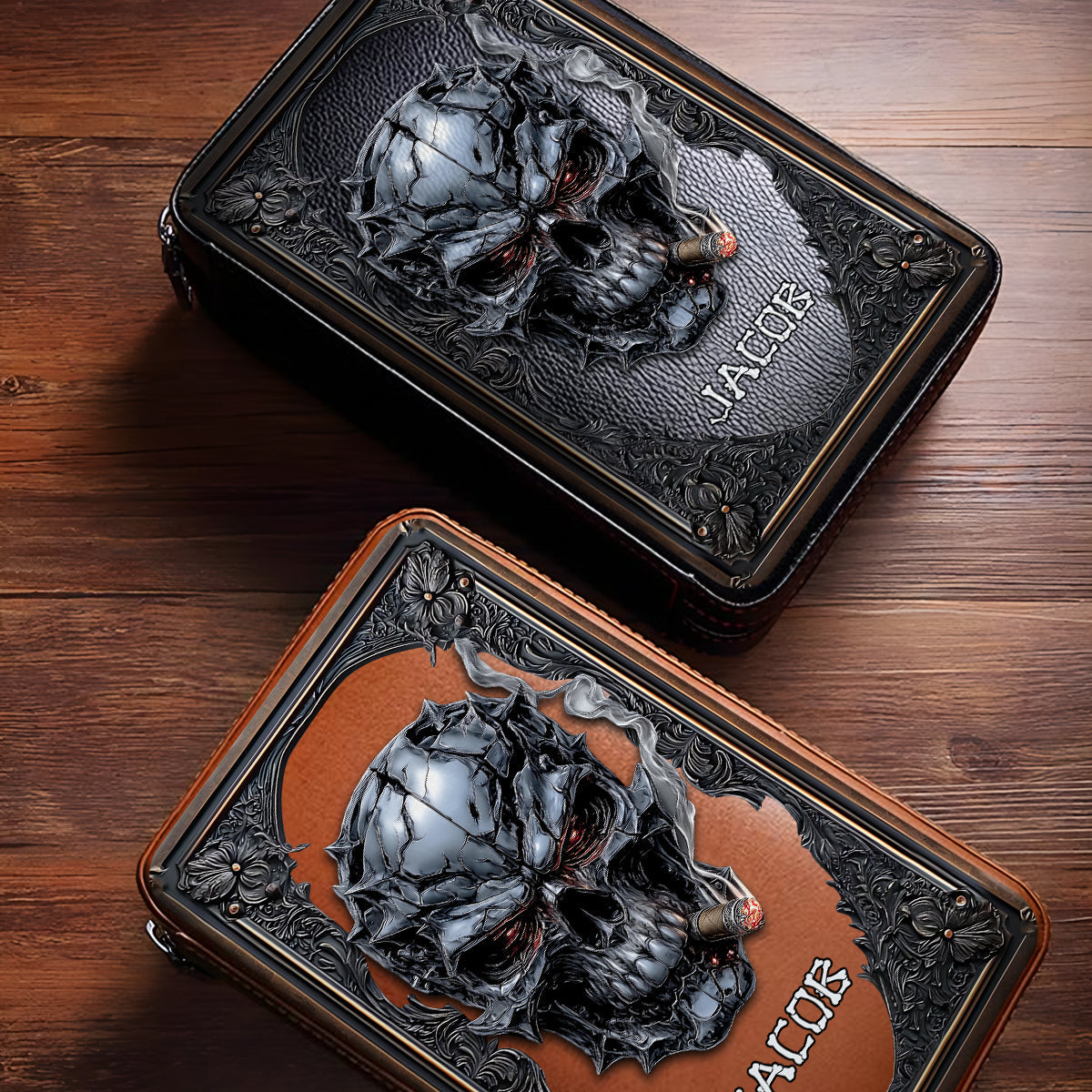 Smoking Skull - Personalized Skull Travel Cigar Humidor Case
