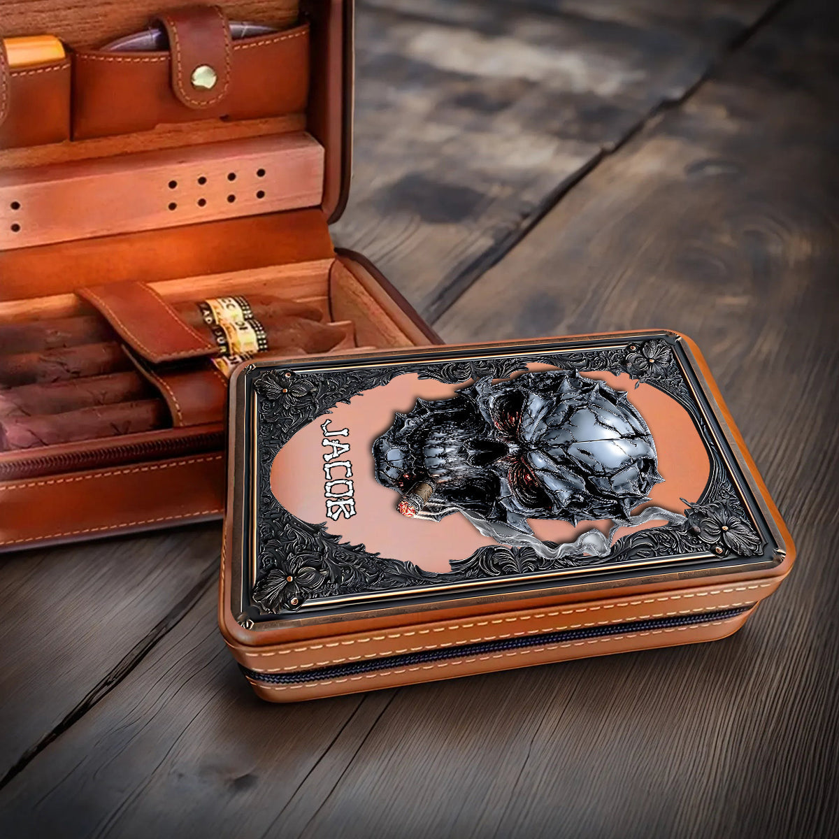Smoking Skull - Personalized Skull Travel Cigar Humidor Case