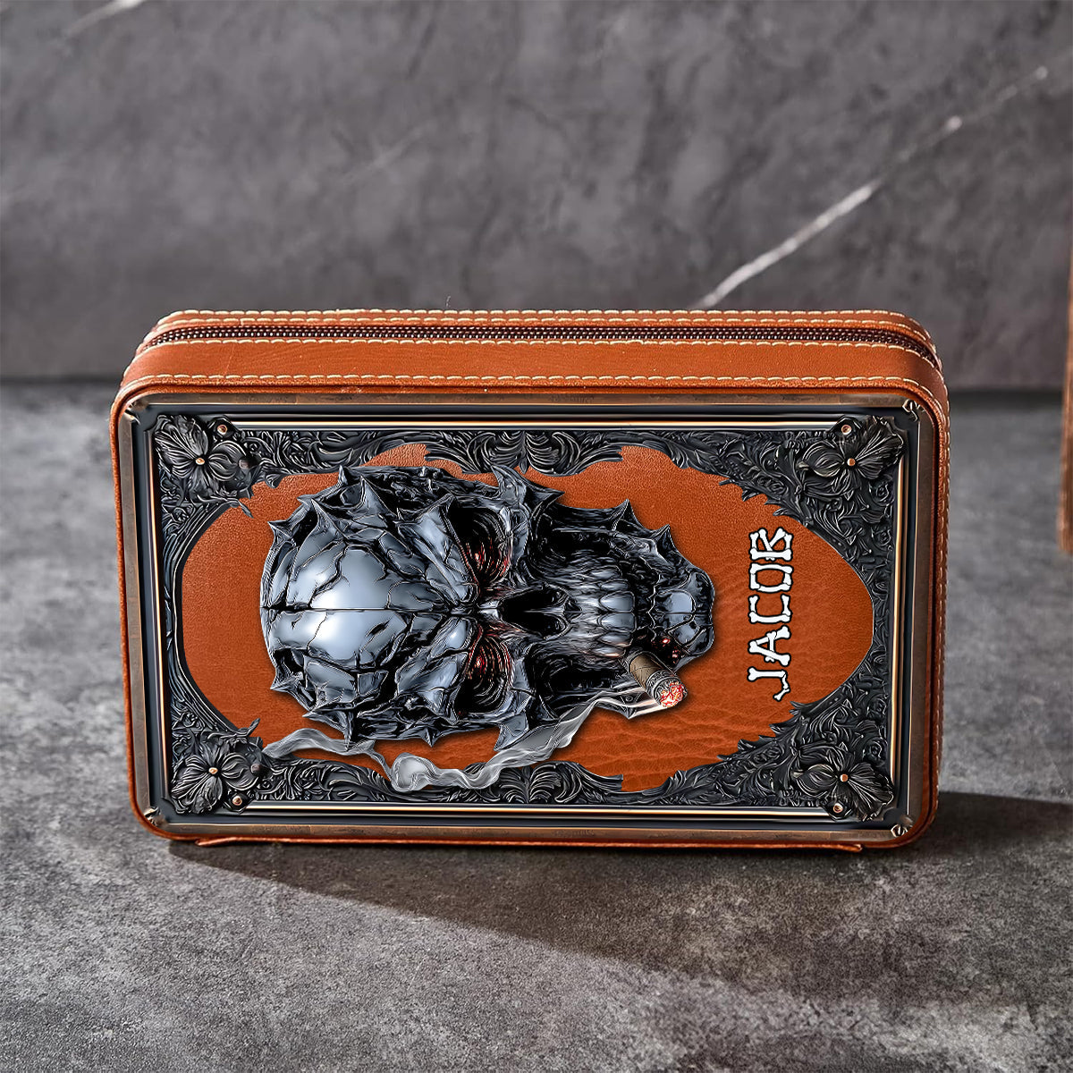 Smoking Skull - Personalized Skull Travel Cigar Humidor Case