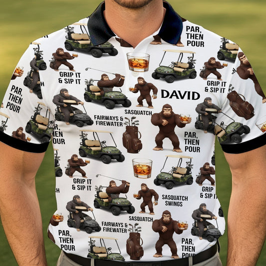 Funny Sasquatch & Whiskey Golf Polo Shirt, Funny Gift For Him, Dad,... - Personalized Golf Polo Shirt