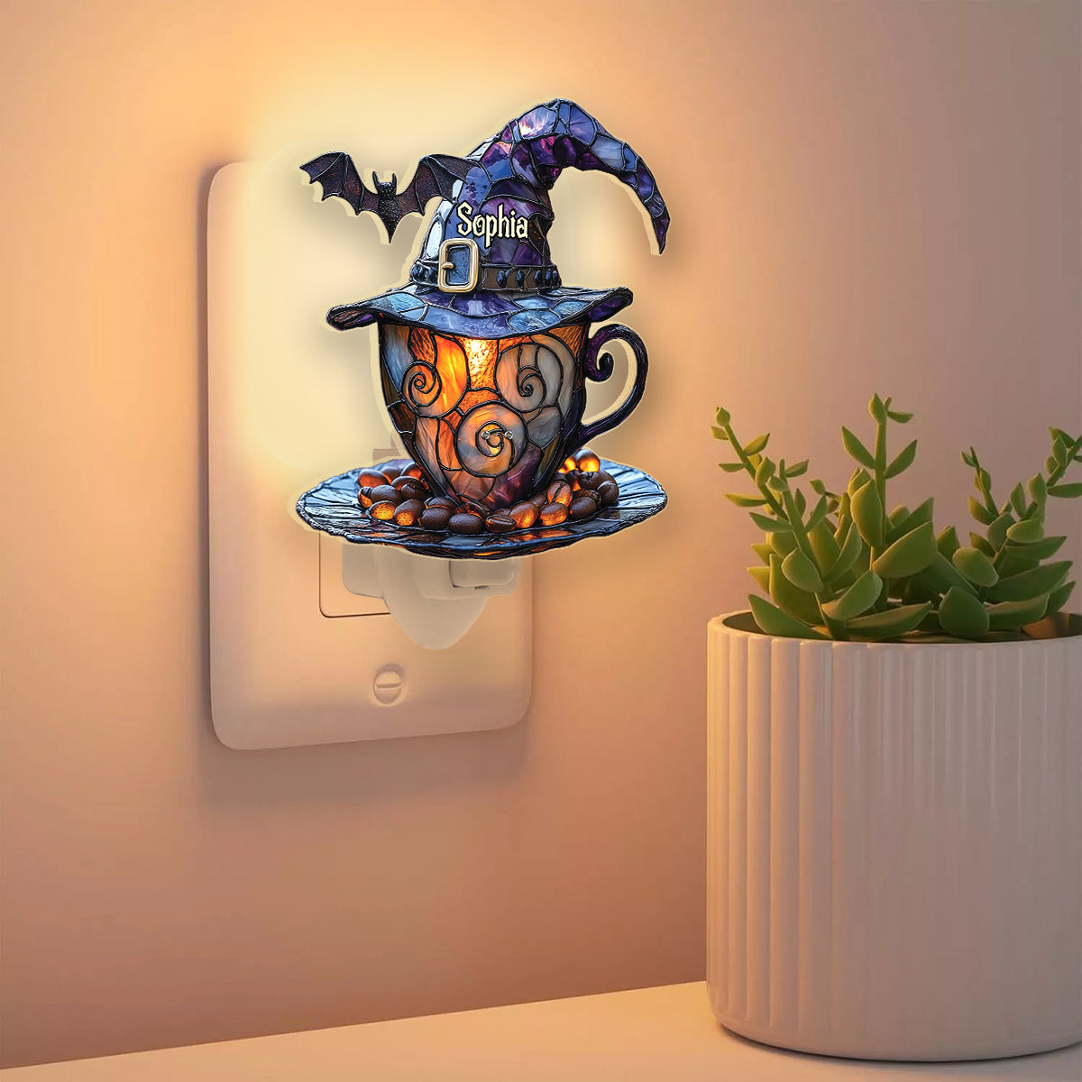 Witch Hat And Coffee Mug - Personalized Witch Acrylic Plug-In Night Light