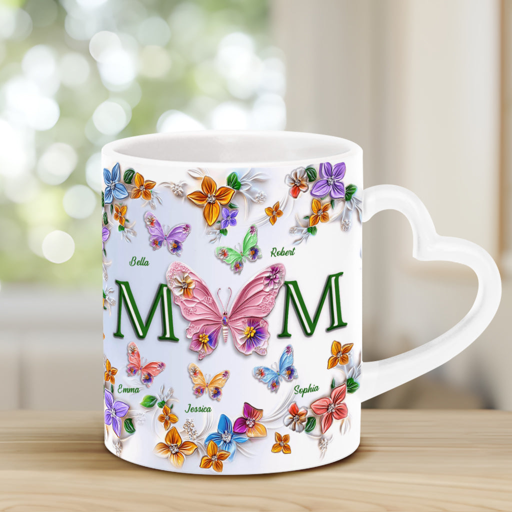 Colorful Butterflies Mom Mama - Personalized Mother Heart Handle Mug