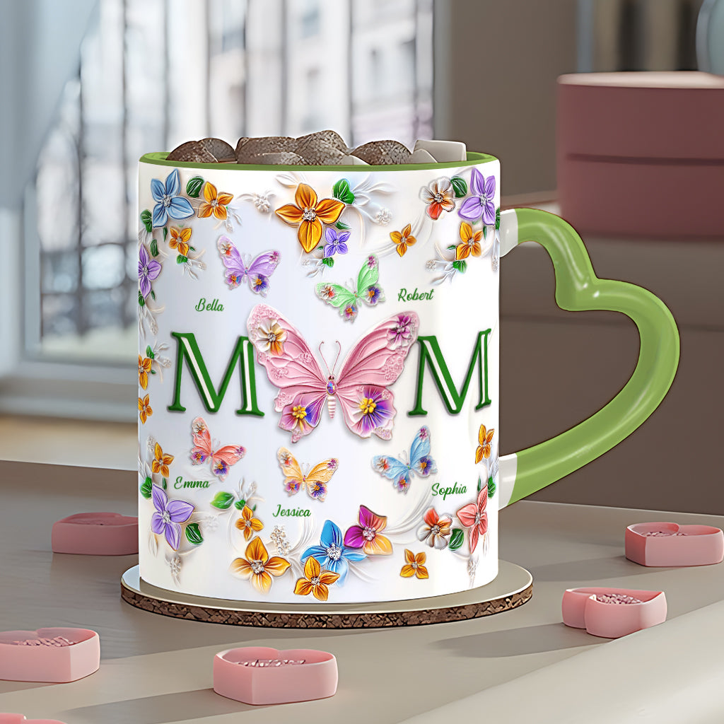 Colorful Butterflies Mom Mama - Personalized Mother Heart Handle Mug