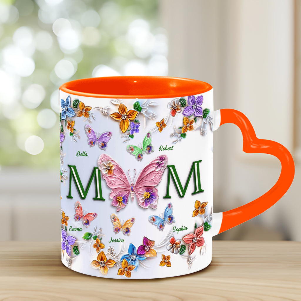 Colorful Butterflies Mom Mama - Personalized Mother Heart Handle Mug