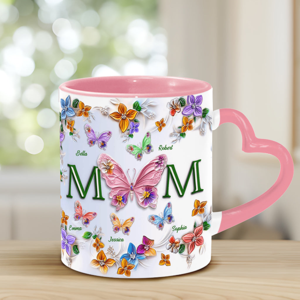 Colorful Butterflies Mom Mama - Personalized Mother Heart Handle Mug