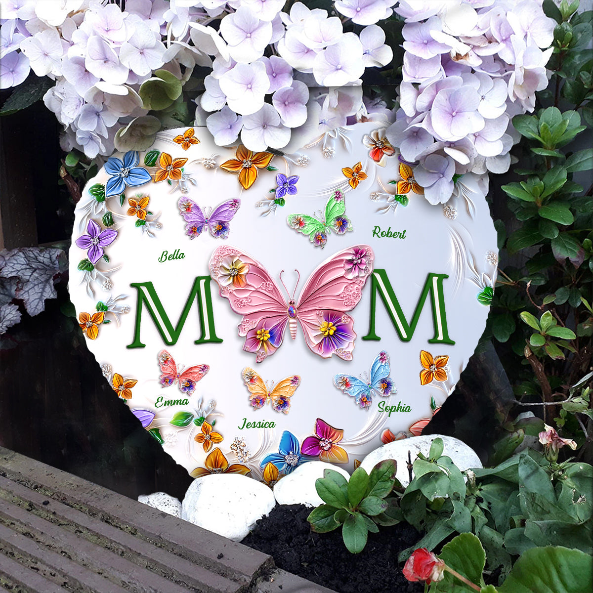 Colorful Butterflies Mom Mama - Personalized Mother Heart Shaped Stone