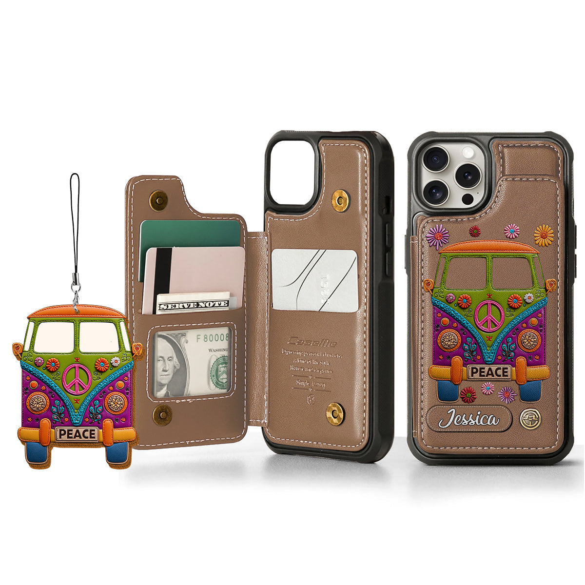 Peace Bus - Personalized Hippie Wallet Phone Case With Leather Charm