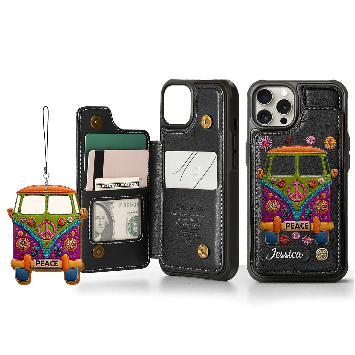 Peace Bus - Personalized Hippie Wallet Phone Case With Leather Charm