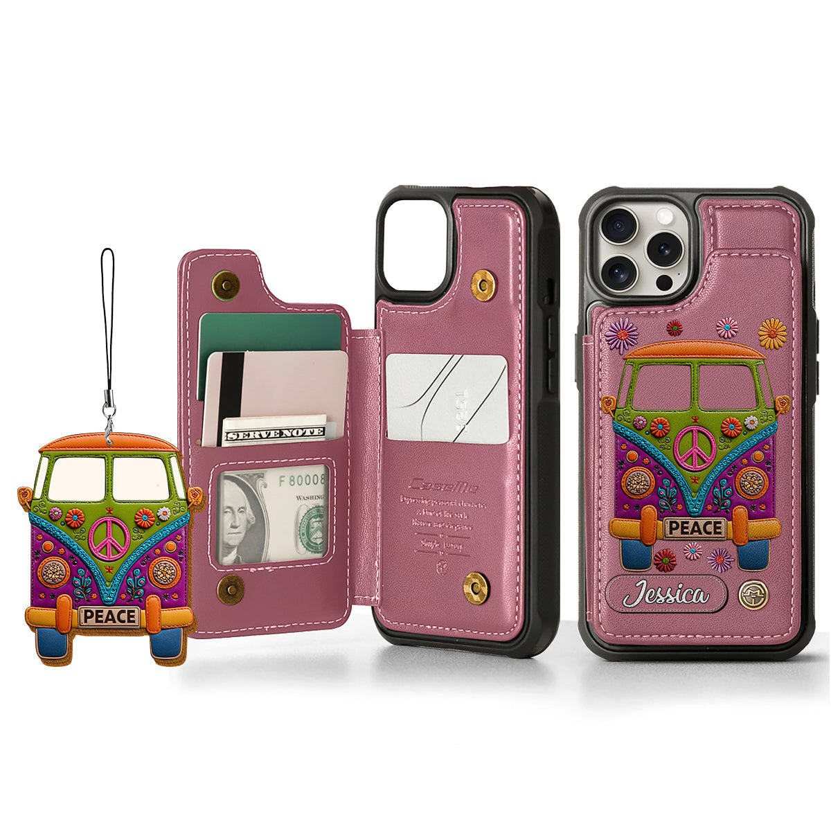 Peace Bus - Personalized Hippie Wallet Phone Case With Leather Charm