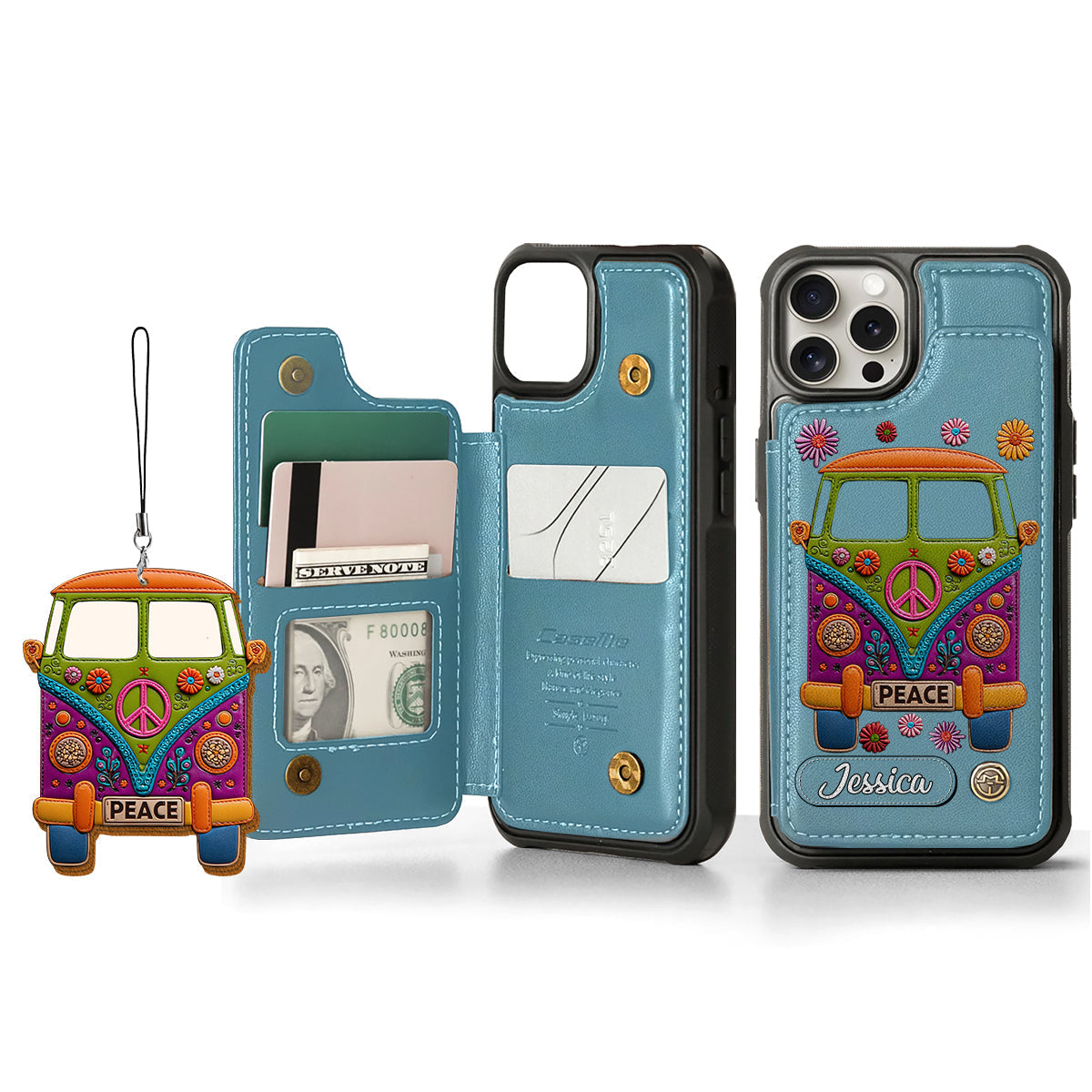 Peace Bus - Personalized Hippie Wallet Phone Case With Leather Charm
