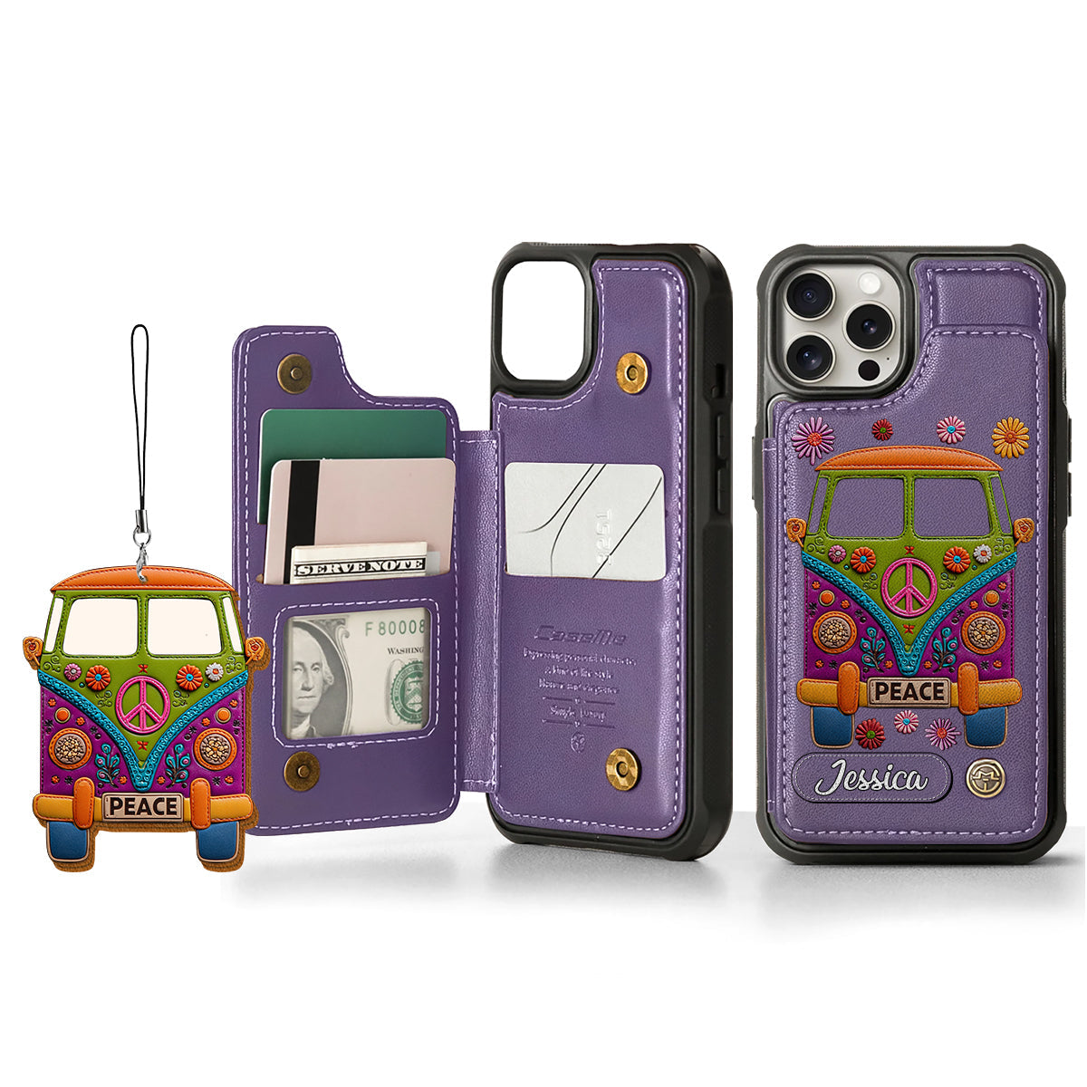 Peace Bus - Personalized Hippie Wallet Phone Case With Leather Charm