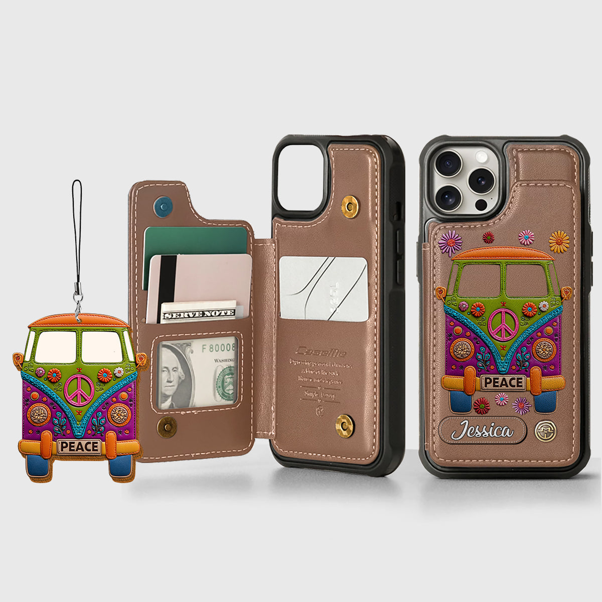 Peace Bus - Personalized Hippie Wallet Phone Case With Leather Charm