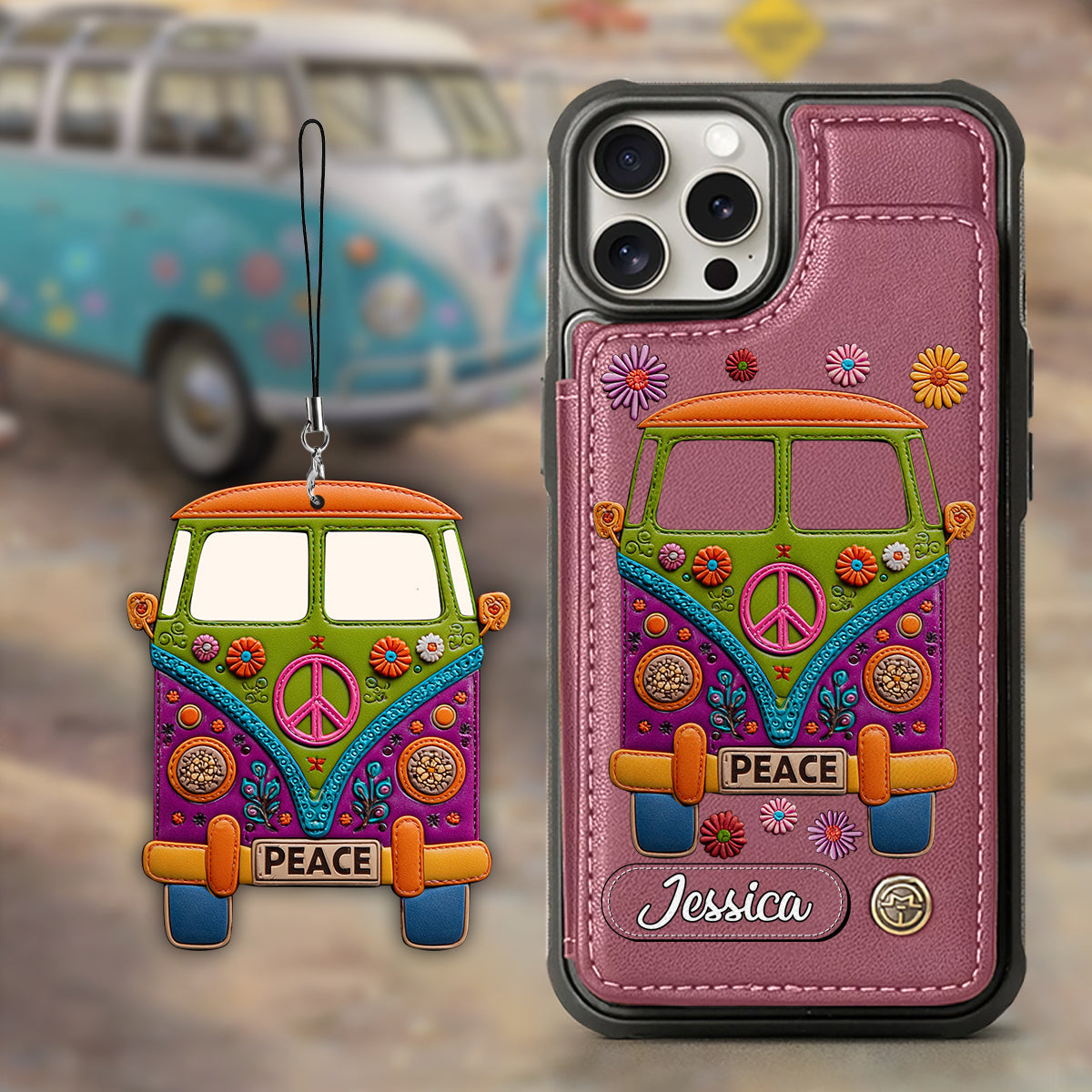 Peace Bus - Personalized Hippie Wallet Phone Case With Leather Charm