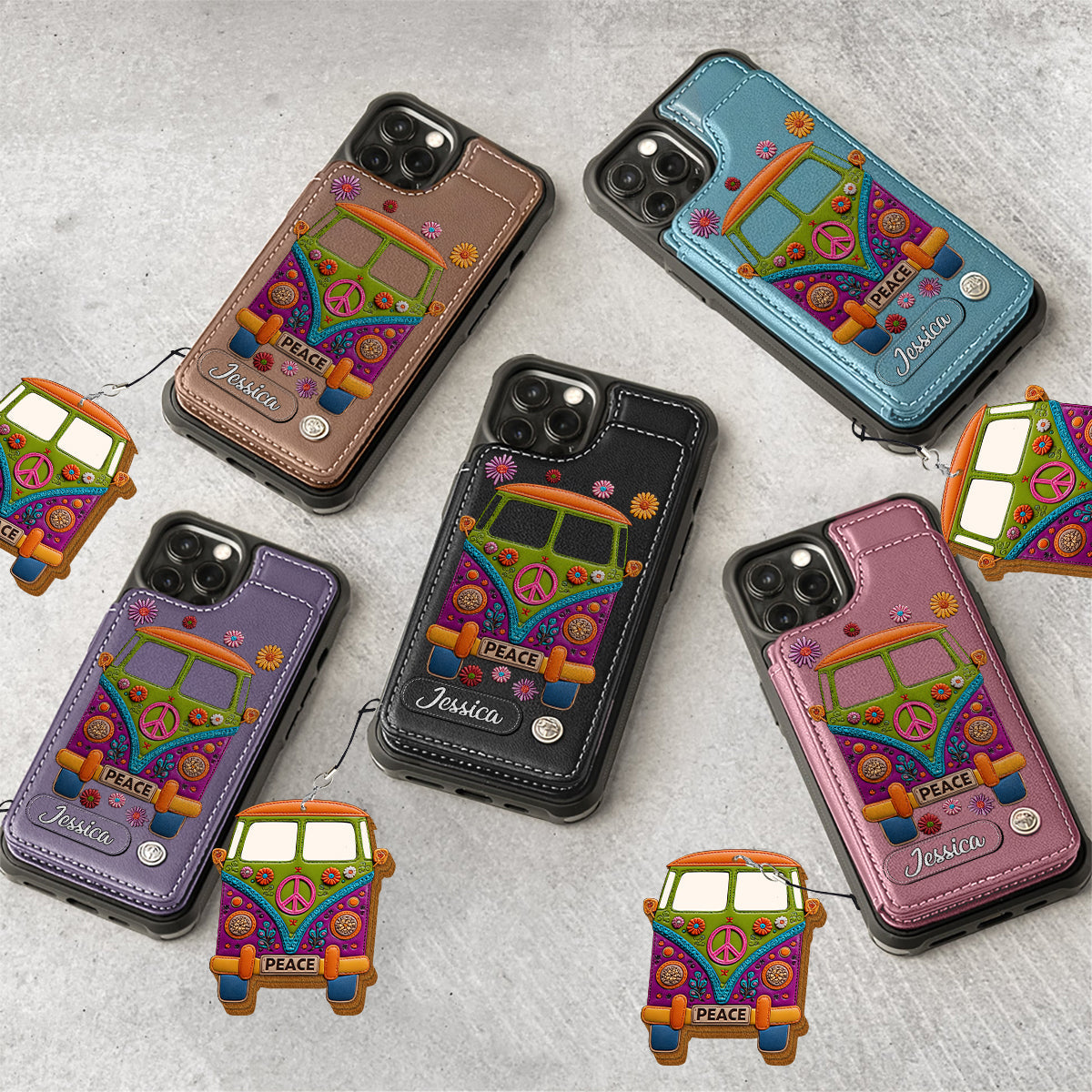 Peace Bus - Personalized Hippie Wallet Phone Case With Leather Charm