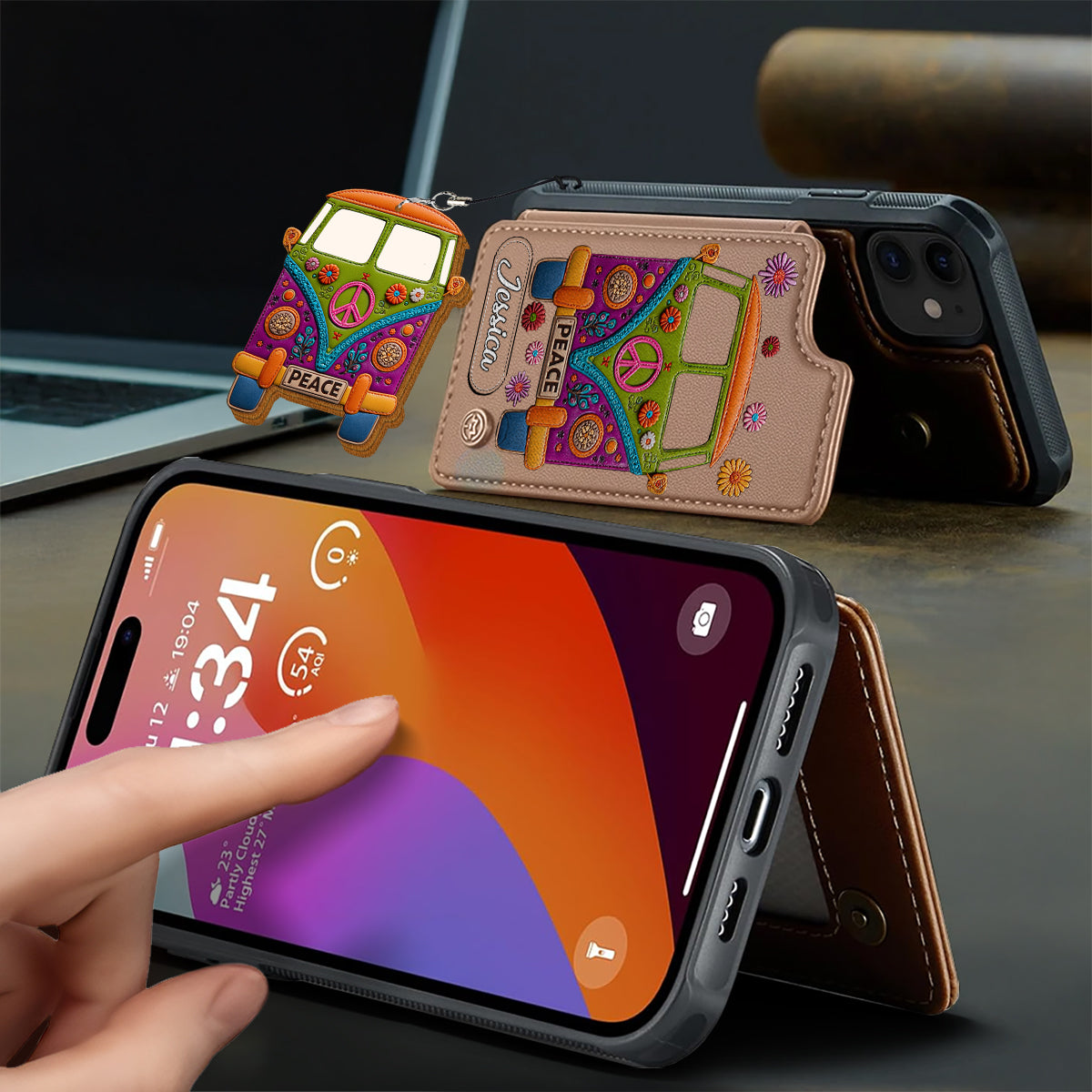 Peace Bus - Personalized Hippie Wallet Phone Case With Leather Charm