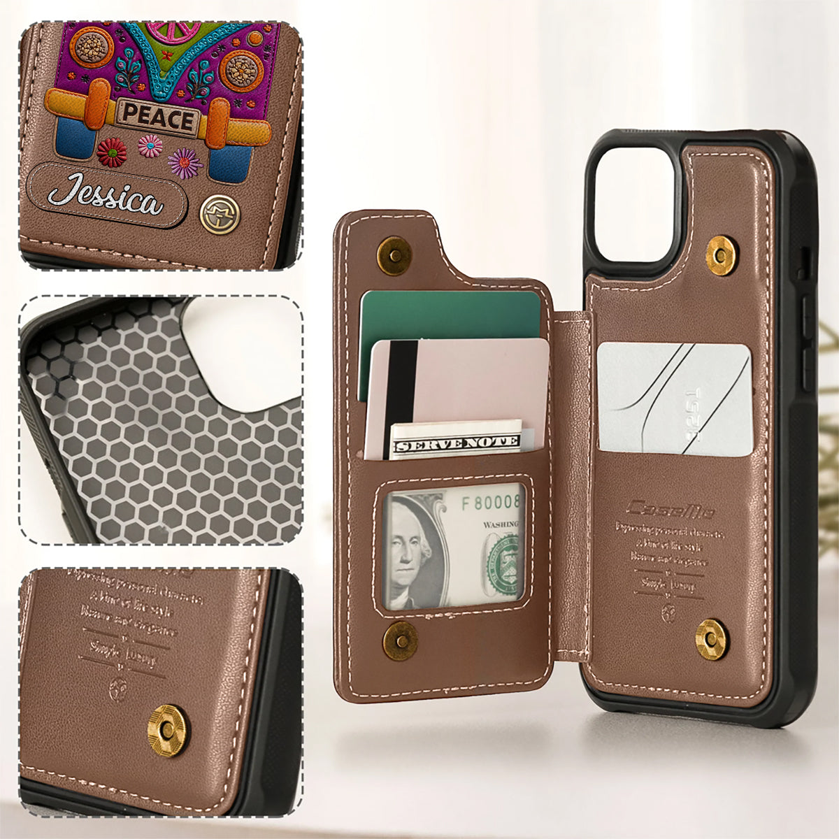 Peace Bus - Personalized Hippie Wallet Phone Case With Leather Charm