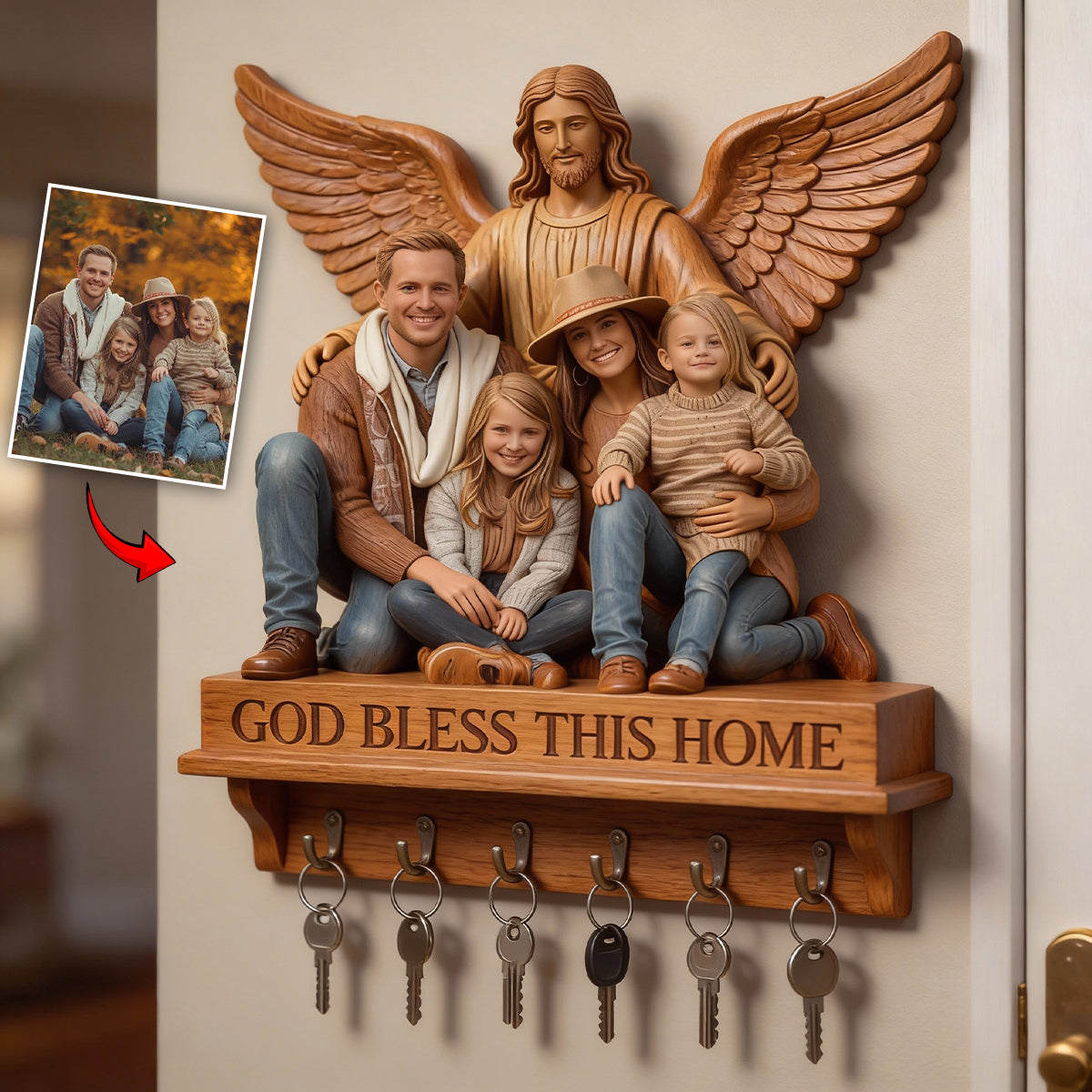 Custom From Any Photo God Bless This Home - Personalized Christian Custom Shaped Hanging Rack