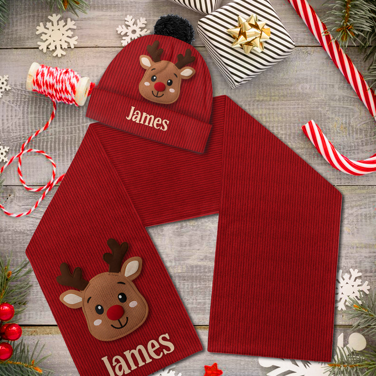 Cute Reindeer - Personalized Kid Knitted Beanie Hat and Scarf Set