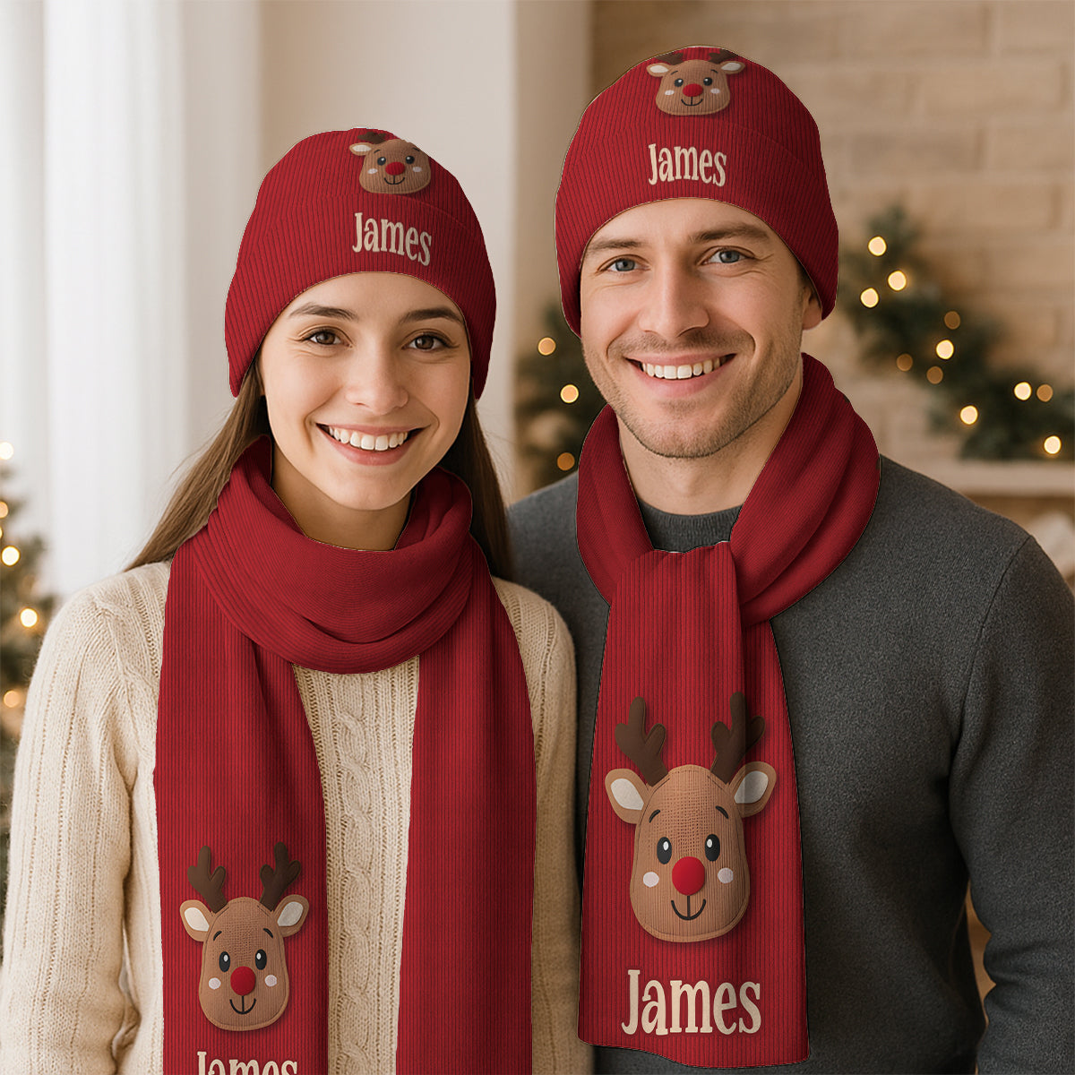 Cute Reindeer - Personalized Kid Knitted Beanie Hat and Scarf Set