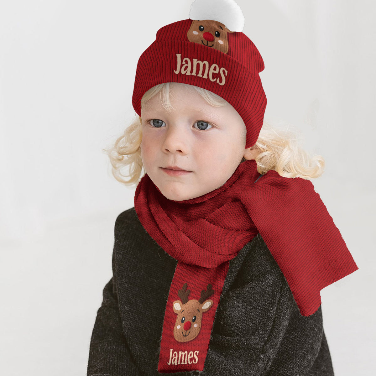 Cute Reindeer - Personalized Kid Knitted Beanie Hat and Scarf Set