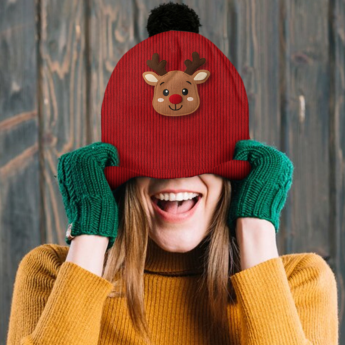 Cute Reindeer - Personalized Kid Knitted Beanie Hat and Scarf Set