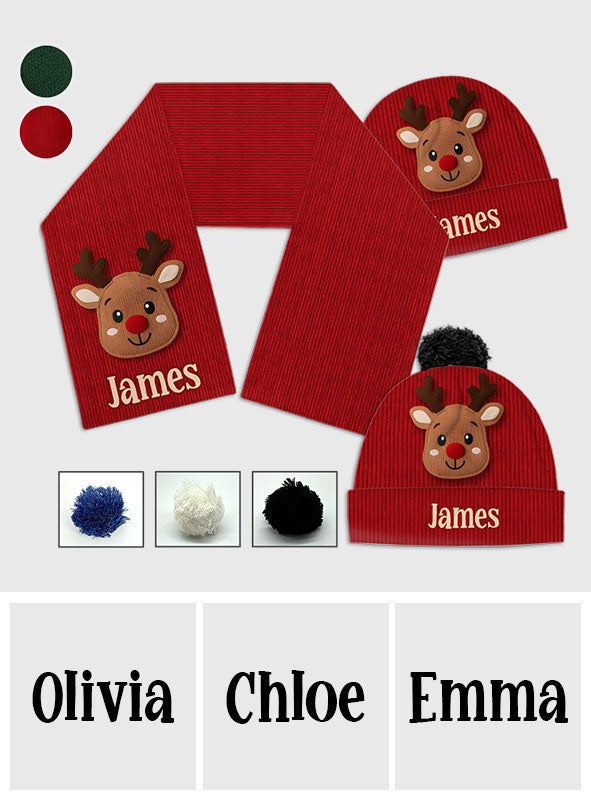 Cute Reindeer - Personalized Kid Knitted Beanie Hat and Scarf Set
