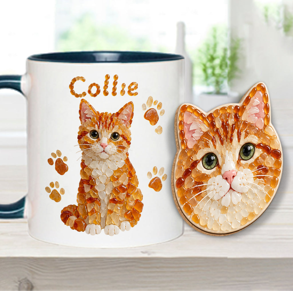 Any Pet Photo To Seaglass Art - Personalized Cat Accent Mug & Shaped Coaster