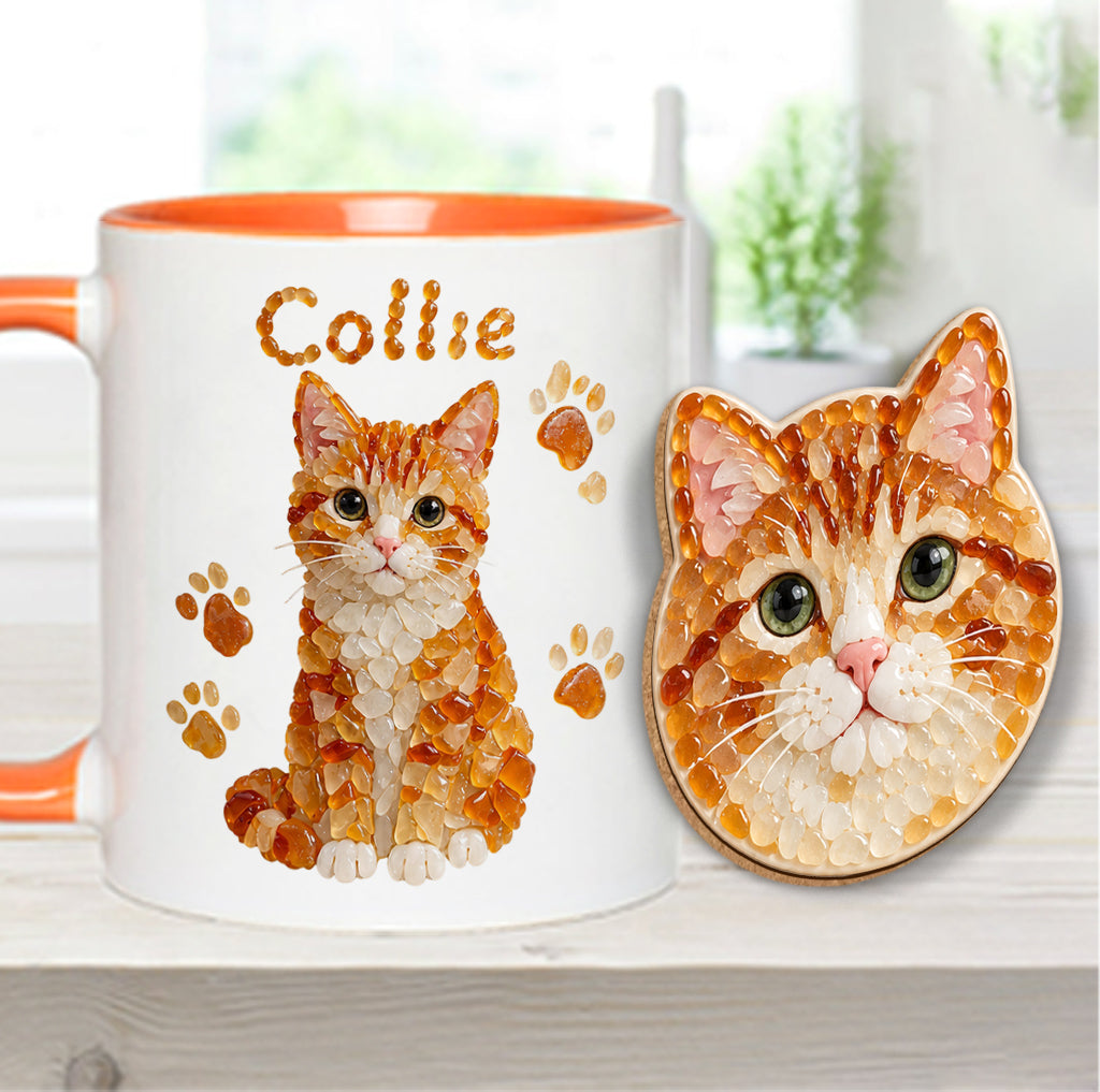 Any Pet Photo To Seaglass Art - Personalized Cat Accent Mug & Shaped Coaster