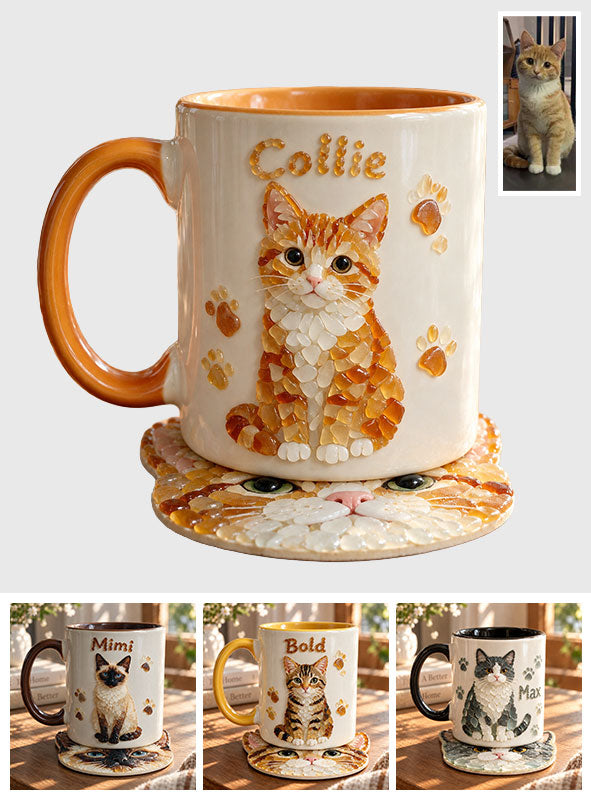 Any Pet Photo To Seaglass Art - Personalized Cat Accent Mug & Shaped Coaster