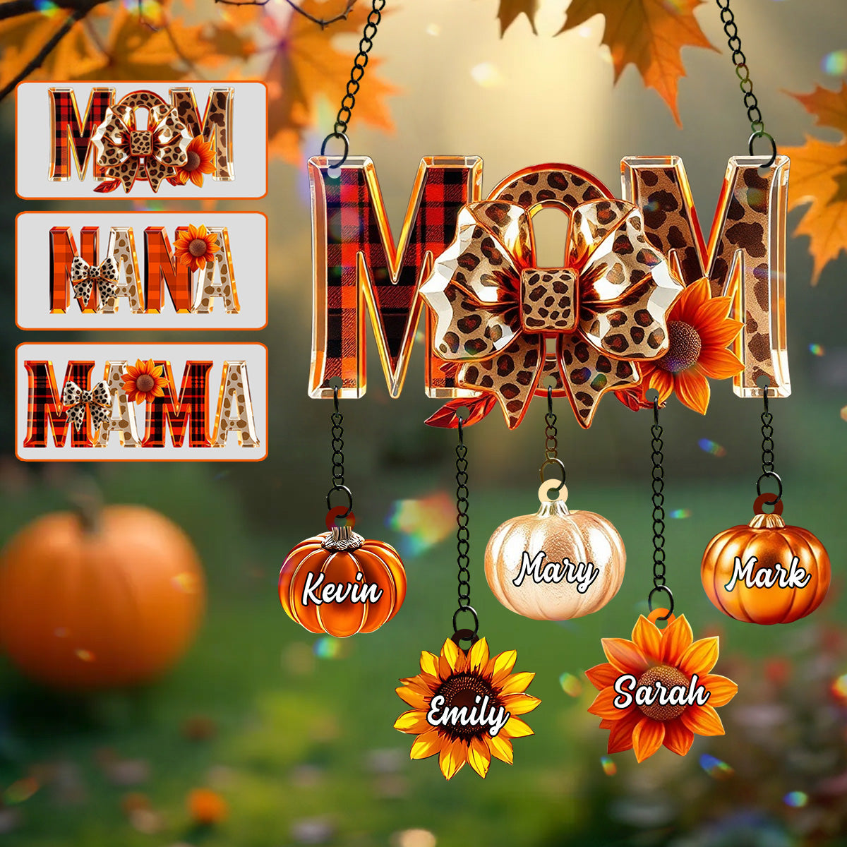 Fall Mama - Personalized Autumn Window Hanging Suncatcher With Custom Charms