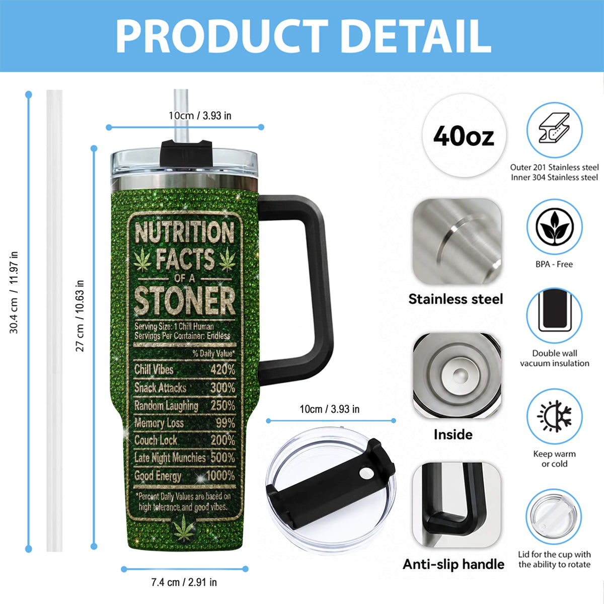 Stoner Gift - Personalized Weed Rhinestone Tumbler With Handle