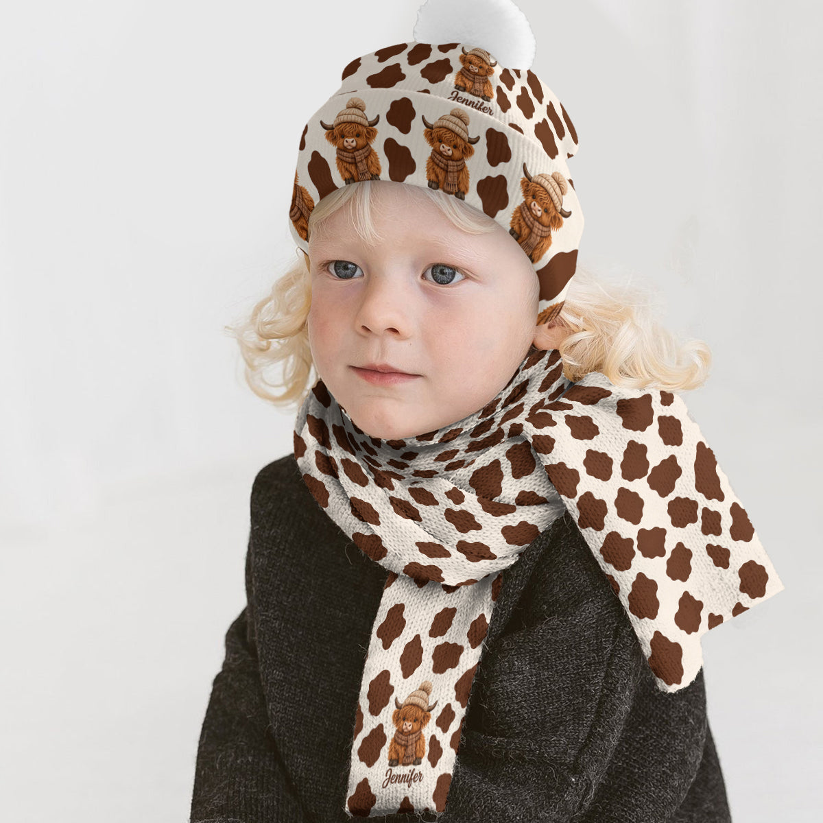 Love Highland Cow - Personalized Highland Cow Knitted Beanie Hat and Scarf Set