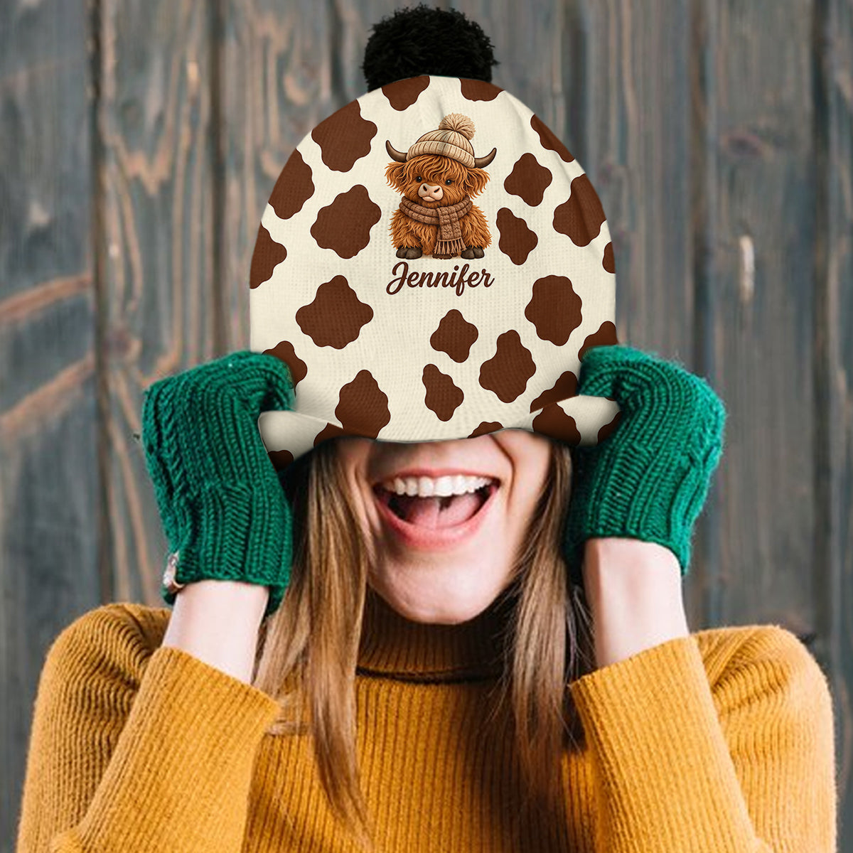 Love Highland Cow - Personalized Highland Cow Knitted Beanie Hat and Scarf Set