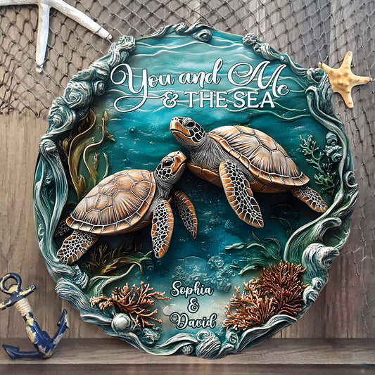You And Me And The Sea - Personalized Turtle Custom Shaped Wood Sign
