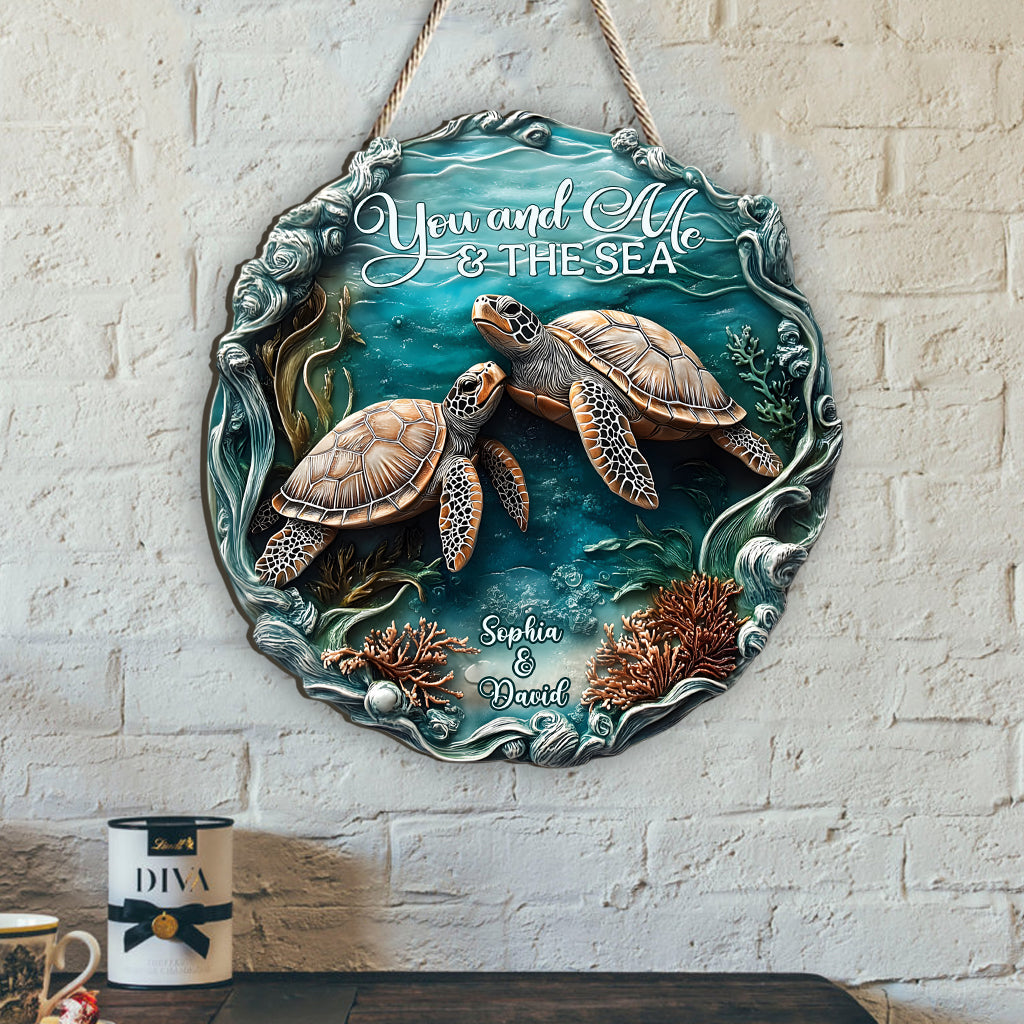 You And Me And The Sea - Personalized Turtle Custom Shaped Wood Sign
