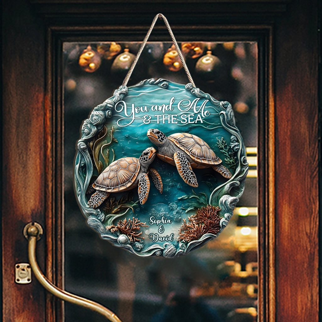 You And Me And The Sea - Personalized Turtle Custom Shaped Wood Sign