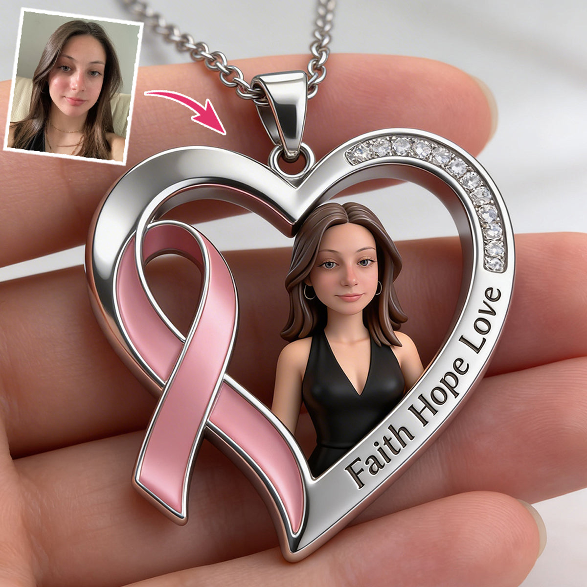 Custom Any Photo, Breast Cancer Awareness - Personalized Breast Cancer Awareness Shaped Metal Pendant Necklace