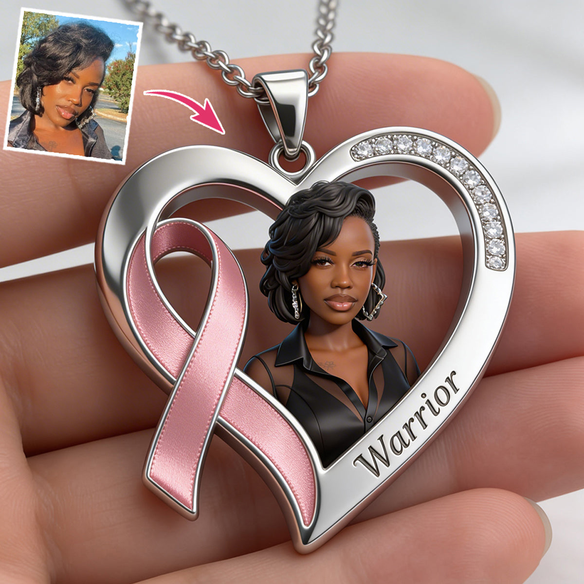 Custom Any Photo, Breast Cancer Awareness - Personalized Breast Cancer Awareness Shaped Metal Pendant Necklace