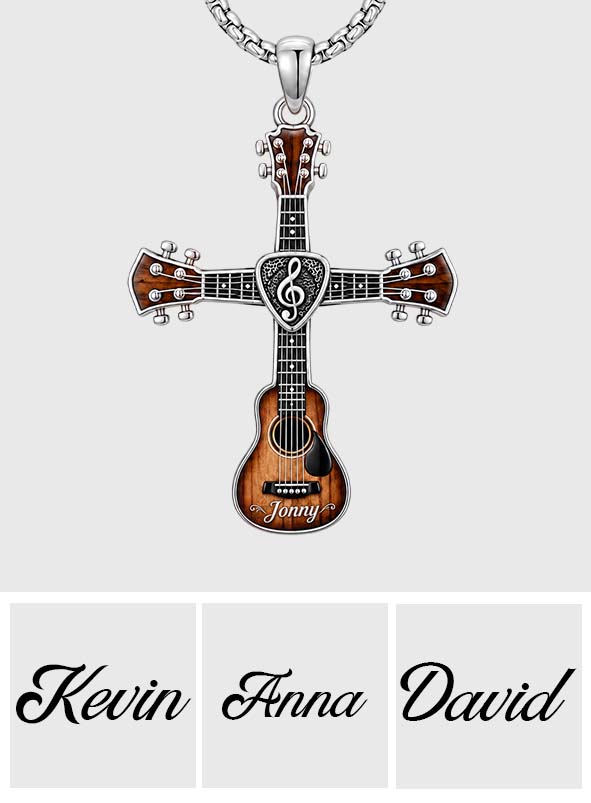 Love God, Love Music - Personalized Guitar Shaped Metal Pendant Necklace