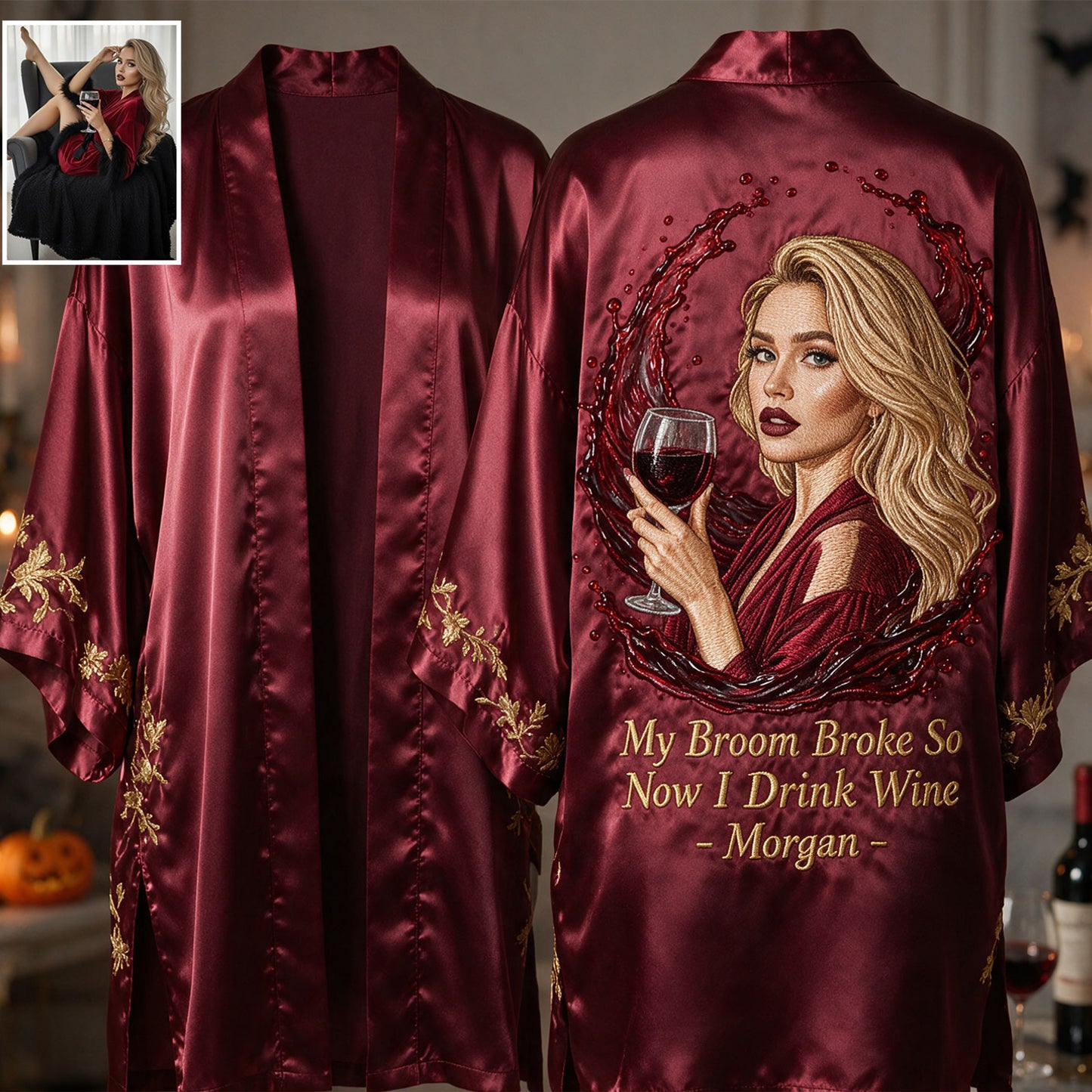 My Broom Broke - Personalized Wine Satin Robe