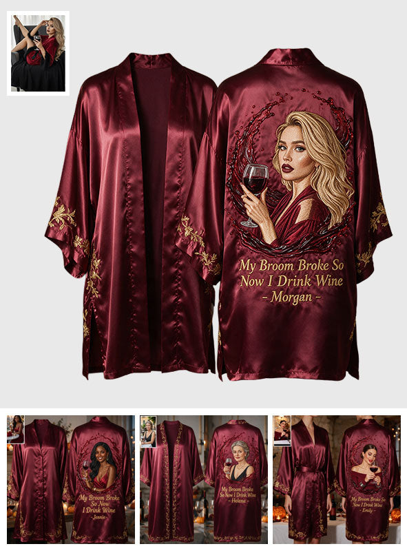 My Broom Broke - Personalized Wine Satin Robe