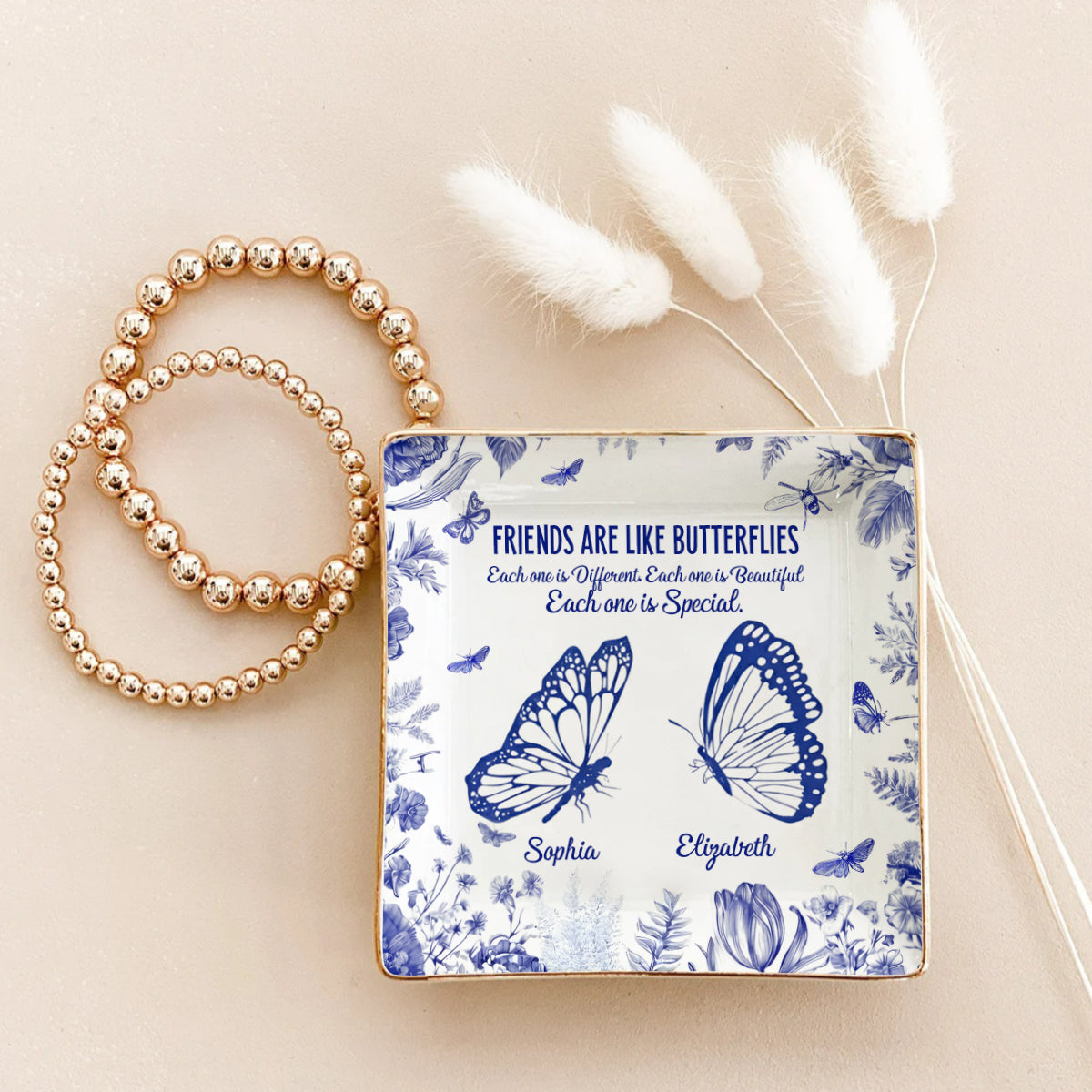 Friends Are Like Butterflies Toile De Jouy Flowers - Personalized Bestie Fully Printed Jewelry Dish