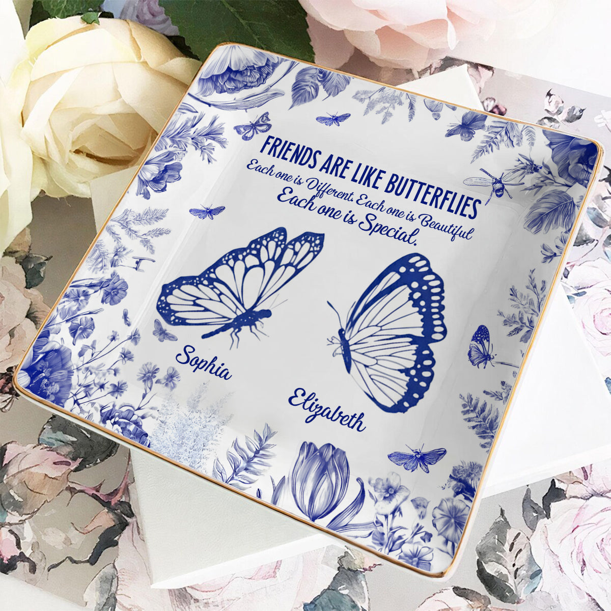 Friends Are Like Butterflies Toile De Jouy Flowers - Personalized Bestie Fully Printed Jewelry Dish