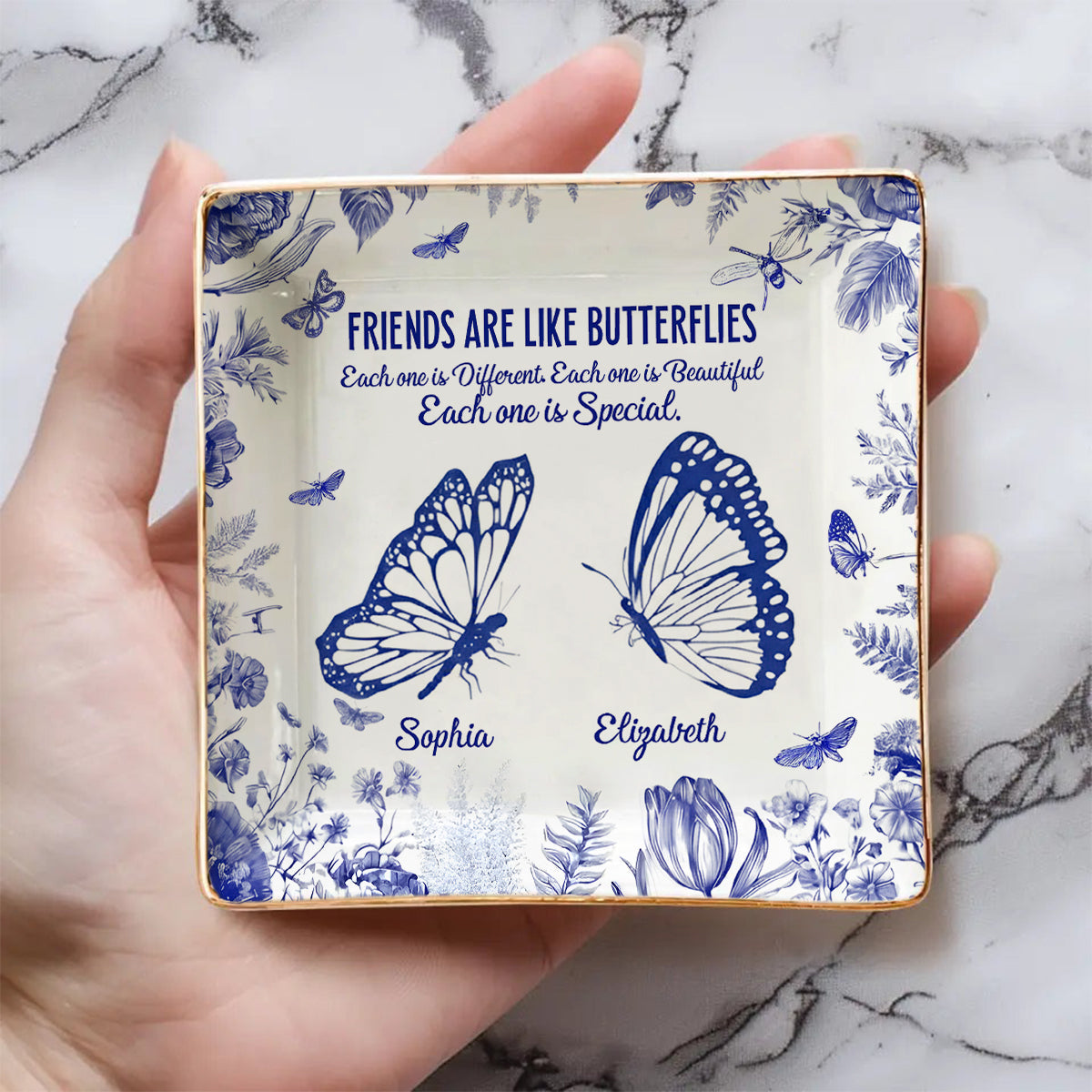 Friends Are Like Butterflies Toile De Jouy Flowers - Personalized Bestie Fully Printed Jewelry Dish
