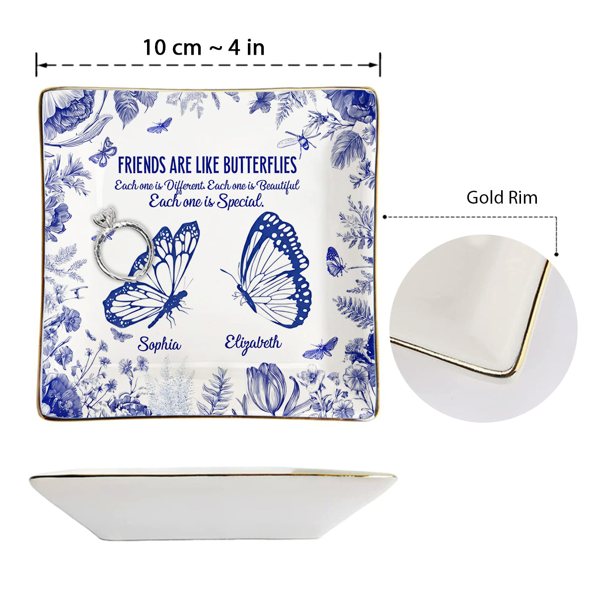 Friends Are Like Butterflies Toile De Jouy Flowers - Personalized Bestie Fully Printed Jewelry Dish