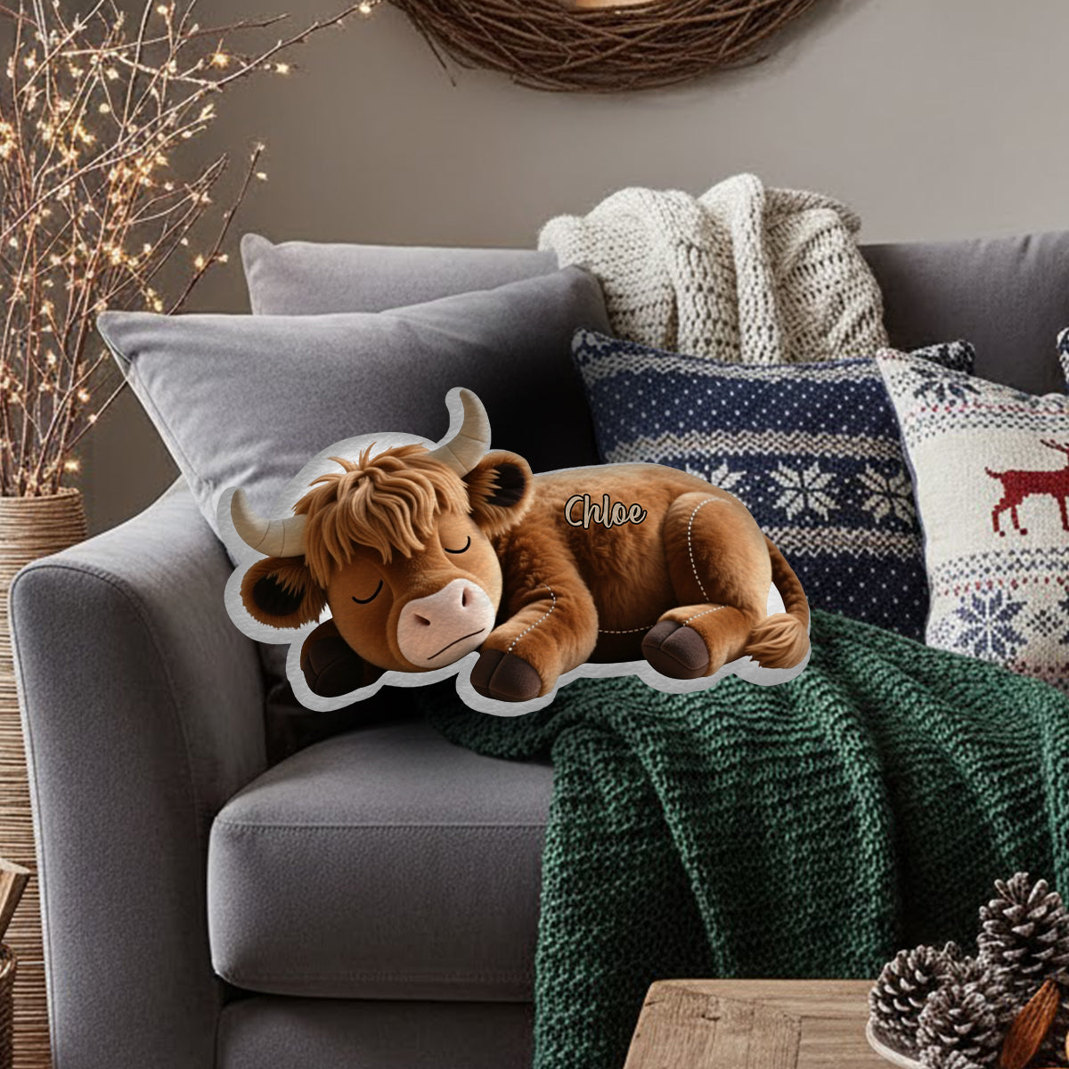 Sleeping Highland Cow - Personalized Highland Cow Faux Fur Shaped Pillow