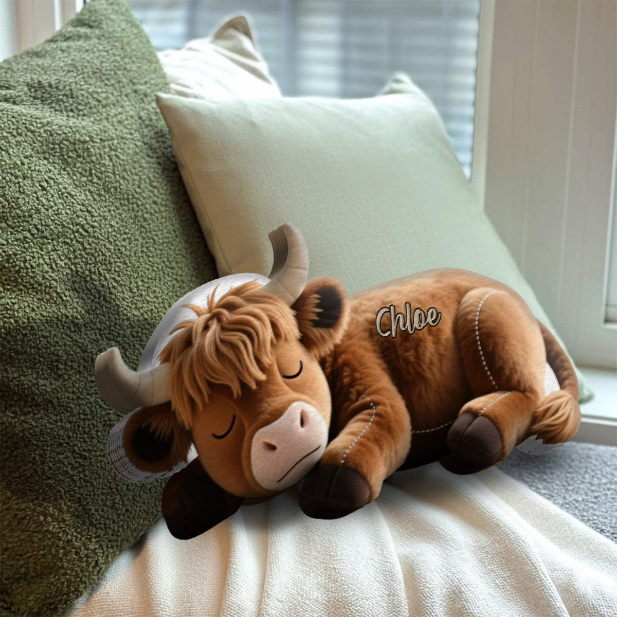 Sleeping Highland Cow - Personalized Highland Cow Faux Fur Shaped Pillow