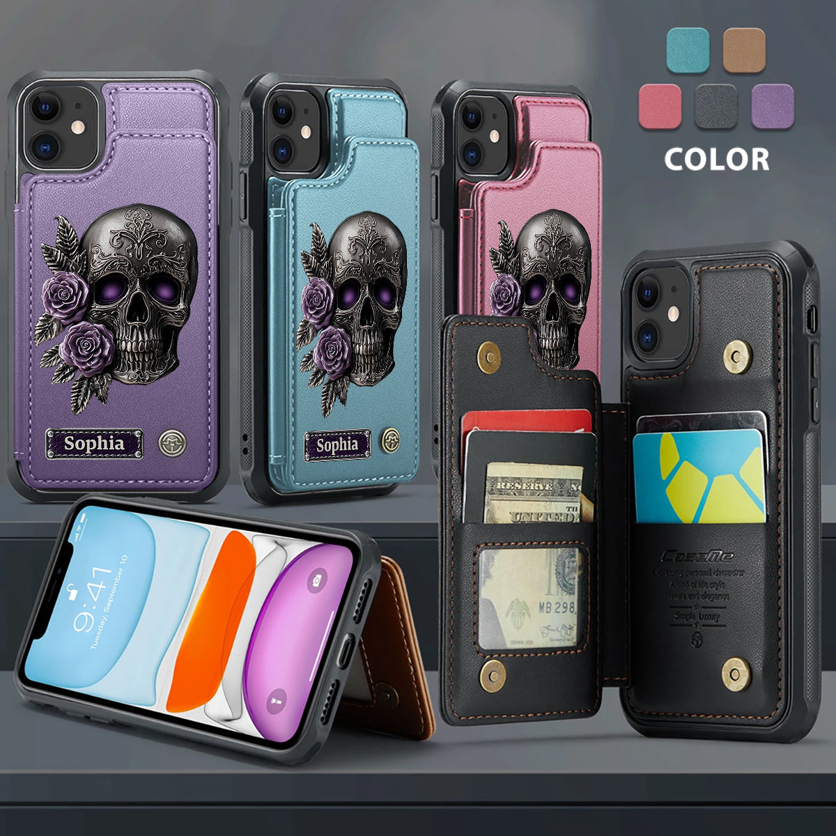 Skull And Roses - Personalized Skull Wallet Phone Case